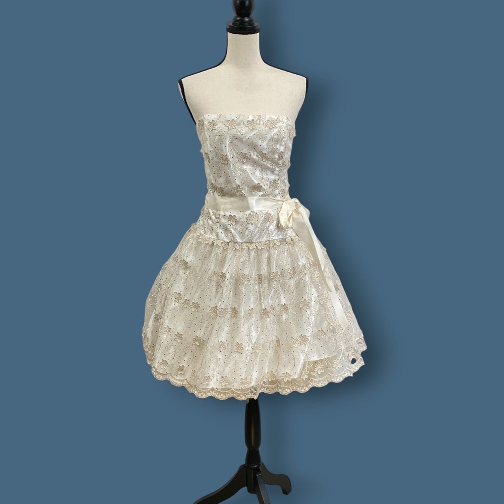 Jessica McClintock Ivory Lace Rhinestone Strapless Dress Juniors 12 Fairy HOCO